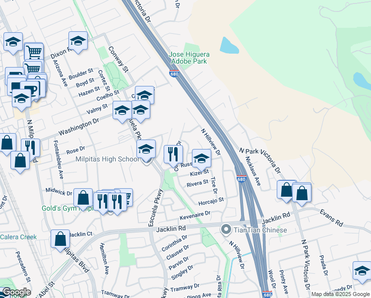 map of restaurants, bars, coffee shops, grocery stores, and more near 1253 Madalen Drive in Milpitas