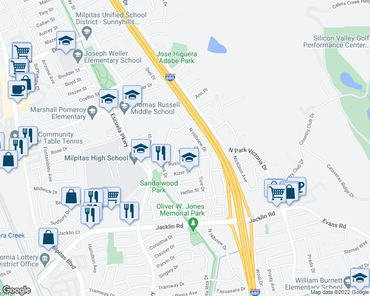 map of restaurants, bars, coffee shops, grocery stores, and more near 839 Nieves Street in Milpitas