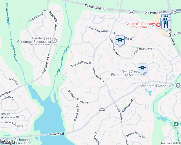 map of restaurants, bars, coffee shops, grocery stores, and more near 2516 Chimney House Court in Midlothian