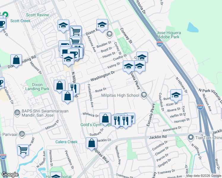 map of restaurants, bars, coffee shops, grocery stores, and more near 1397 Arizona Avenue in Milpitas