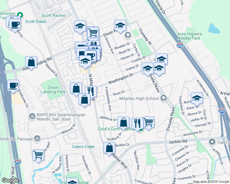 map of restaurants, bars, coffee shops, grocery stores, and more near 198 Rose Drive in Milpitas