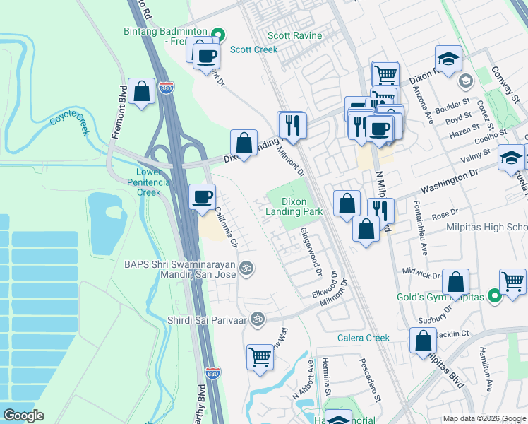 map of restaurants, bars, coffee shops, grocery stores, and more near 1559 Larkwood Court in Milpitas