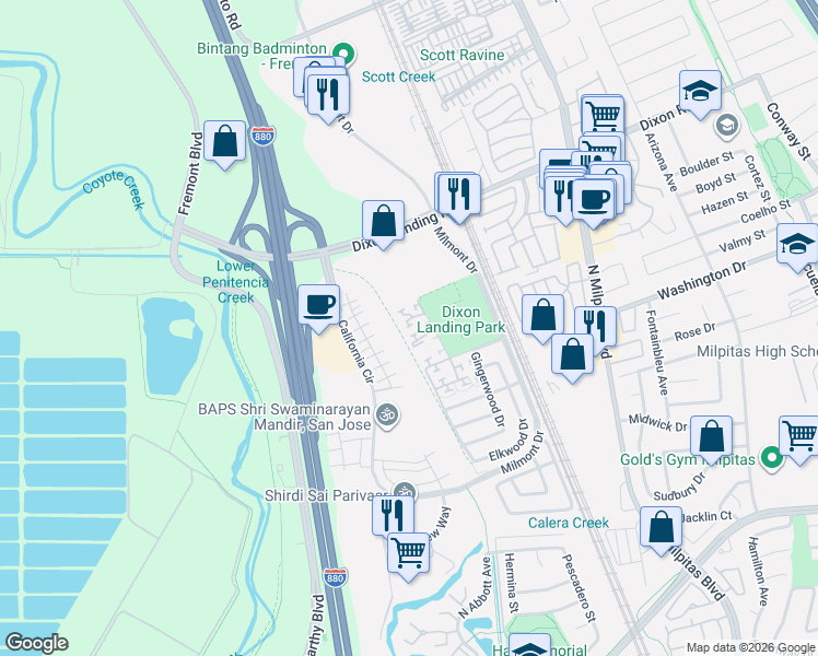 map of restaurants, bars, coffee shops, grocery stores, and more near 468 Cascadita Terrace in Milpitas