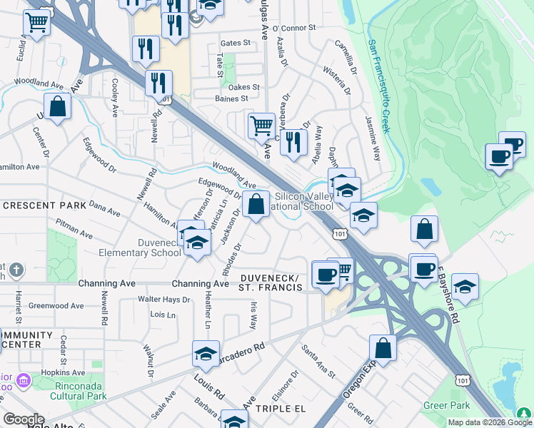 map of restaurants, bars, coffee shops, grocery stores, and more near 1822 Edgewood Drive in Palo Alto