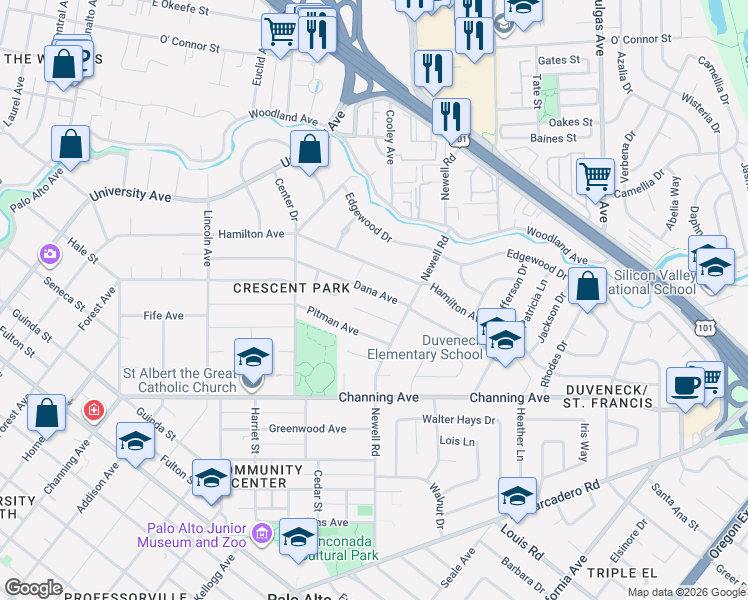 map of restaurants, bars, coffee shops, grocery stores, and more near 1463 Kings Lane in Palo Alto