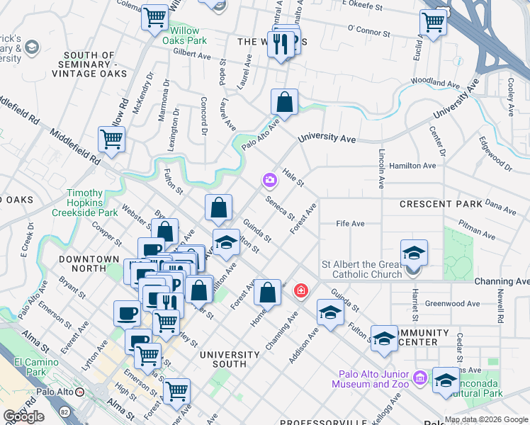 map of restaurants, bars, coffee shops, grocery stores, and more near 855 Hamilton Avenue in Palo Alto
