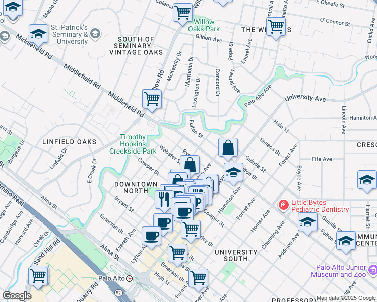 map of restaurants, bars, coffee shops, grocery stores, and more near 657 Everett Avenue in Palo Alto