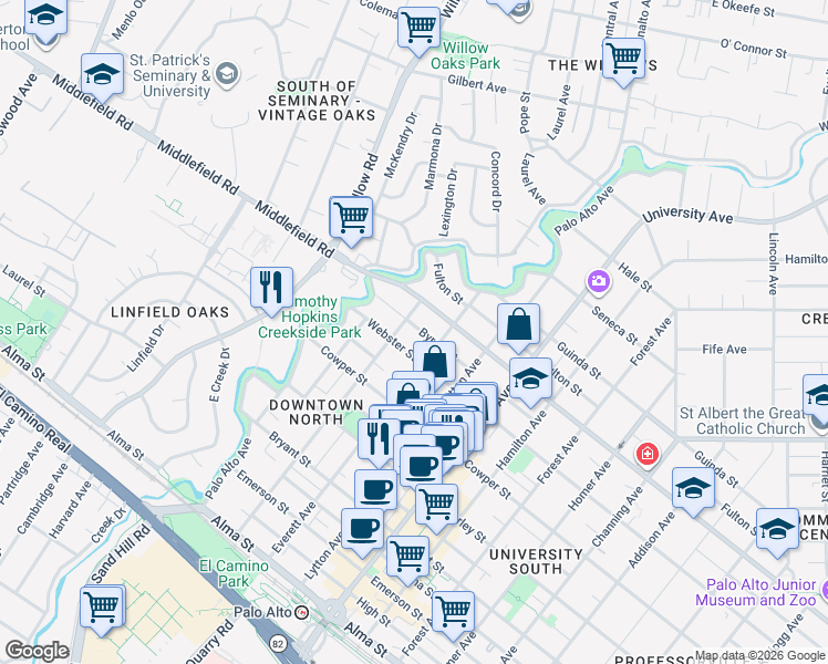 map of restaurants, bars, coffee shops, grocery stores, and more near 620 Hawthorne Avenue in Palo Alto