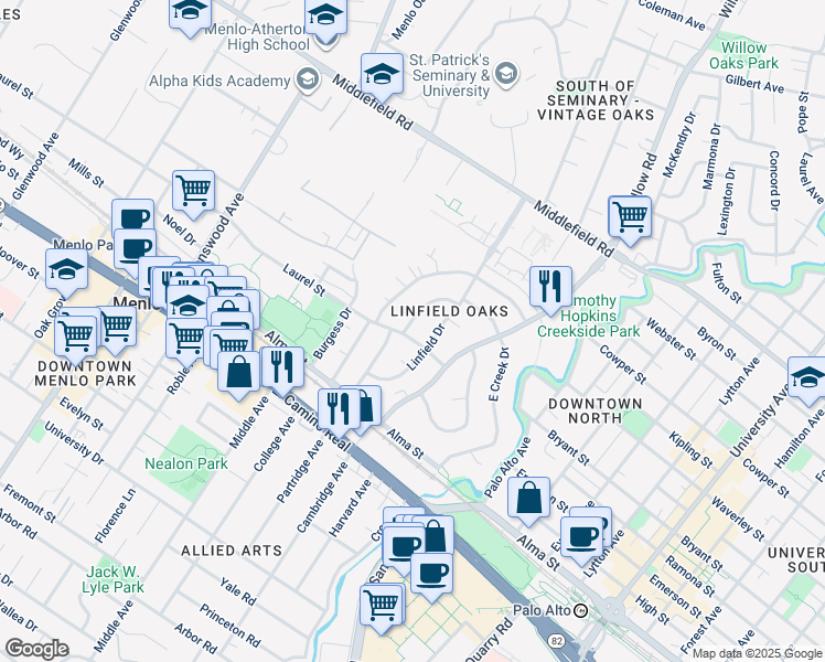 map of restaurants, bars, coffee shops, grocery stores, and more near in Menlo Park