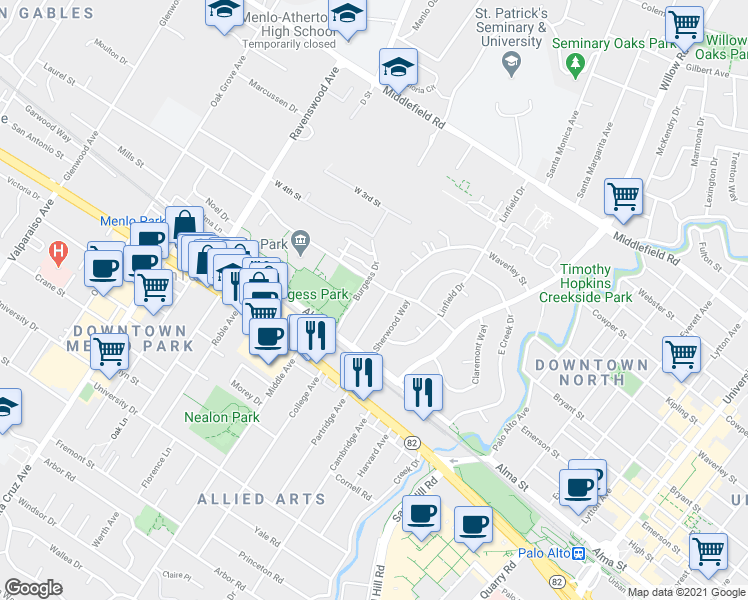 map of restaurants, bars, coffee shops, grocery stores, and more near 411 Waverley Street in Menlo Park