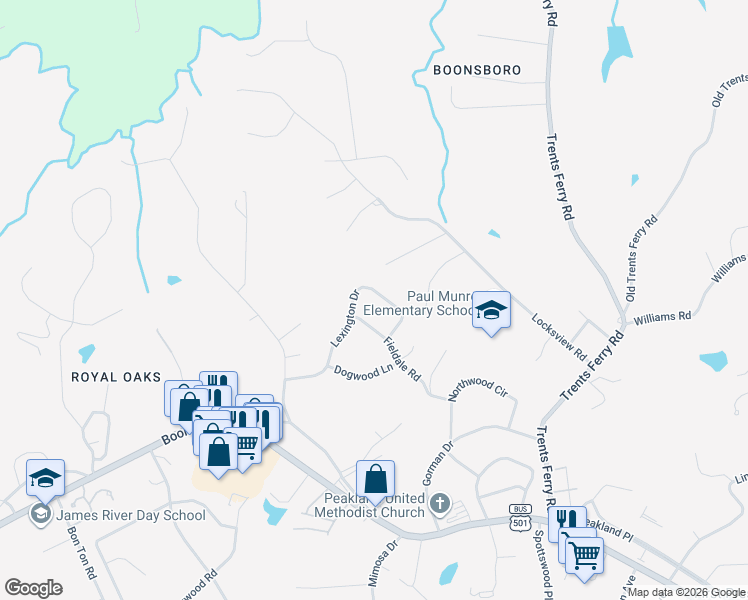 map of restaurants, bars, coffee shops, grocery stores, and more near 4638 Fieldale Road in Lynchburg