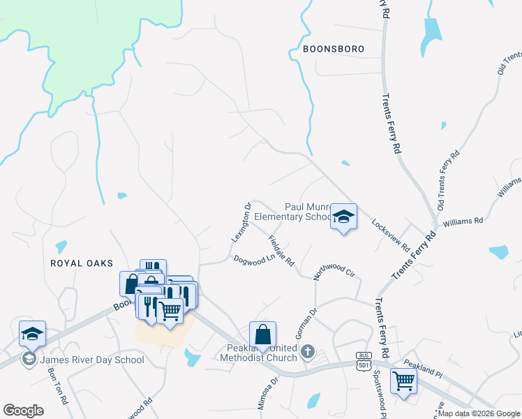 map of restaurants, bars, coffee shops, grocery stores, and more near 4638 Fieldale Road in Lynchburg