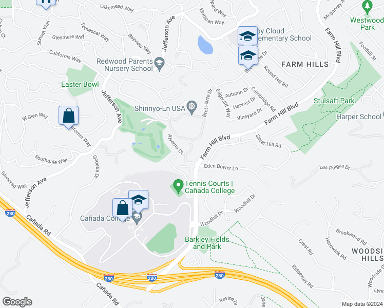 map of restaurants, bars, coffee shops, grocery stores, and more near 11 Alverno Court in Redwood City