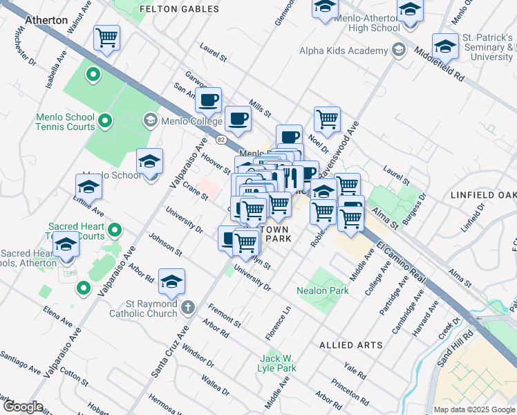 map of restaurants, bars, coffee shops, grocery stores, and more near 701 Santa Cruz Avenue in Menlo Park