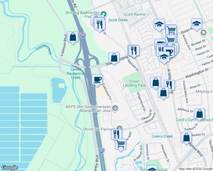 map of restaurants, bars, coffee shops, grocery stores, and more near 1579 Hidden Creek Lane in Milpitas