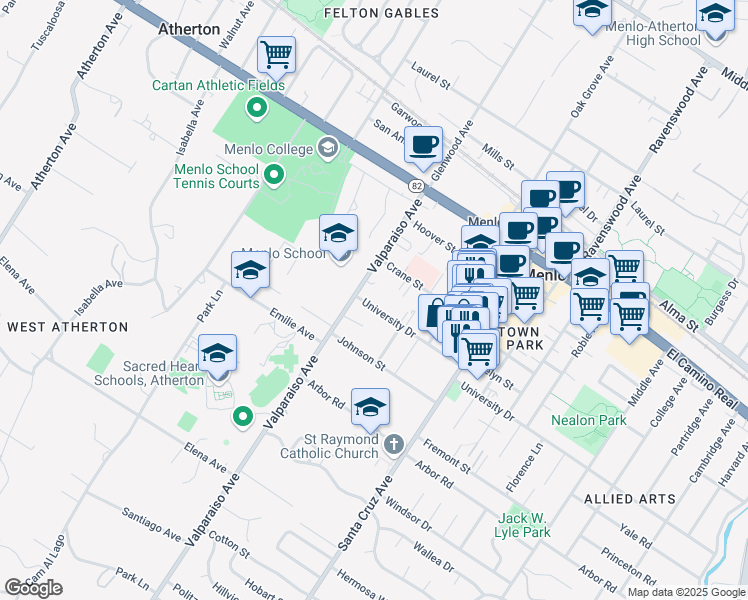 map of restaurants, bars, coffee shops, grocery stores, and more near 1330 University Drive in Menlo Park