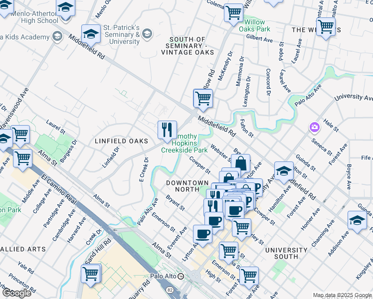 map of restaurants, bars, coffee shops, grocery stores, and more near 115 Cowper Street in Palo Alto