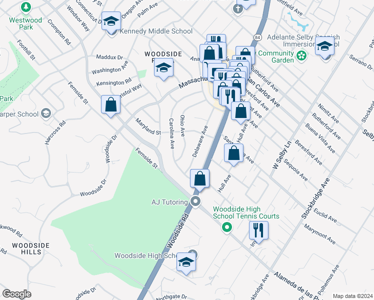 map of restaurants, bars, coffee shops, grocery stores, and more near 2745 Ohio Avenue in Redwood City