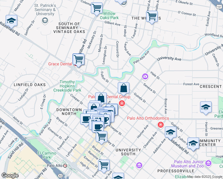 map of restaurants, bars, coffee shops, grocery stores, and more near 329 Middlefield Road in Palo Alto