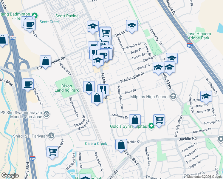 map of restaurants, bars, coffee shops, grocery stores, and more near 52 Washington Square Drive in Milpitas