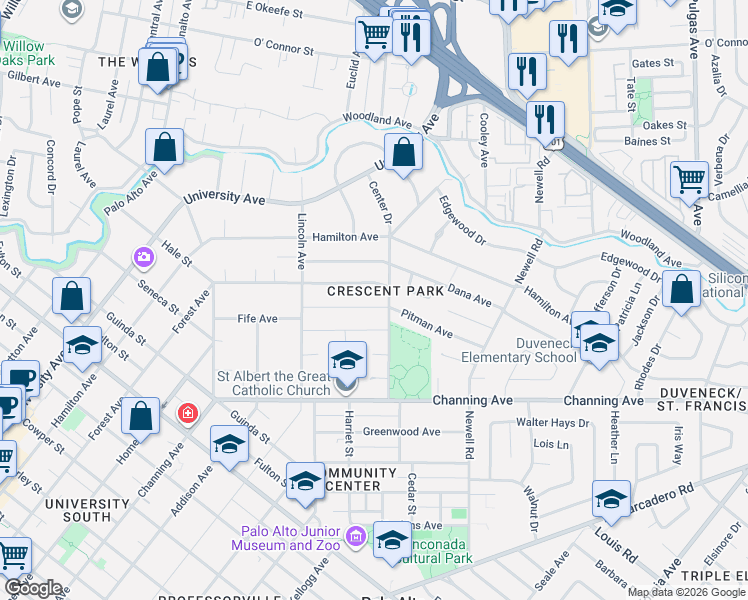 map of restaurants, bars, coffee shops, grocery stores, and more near 1375 Pitman Avenue in Palo Alto