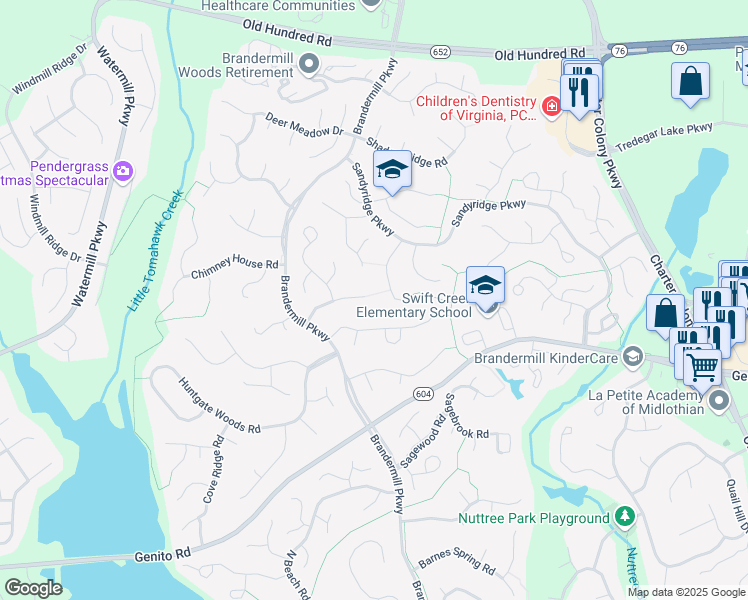 map of restaurants, bars, coffee shops, grocery stores, and more near 14000 Whispering Oaks Road in Midlothian