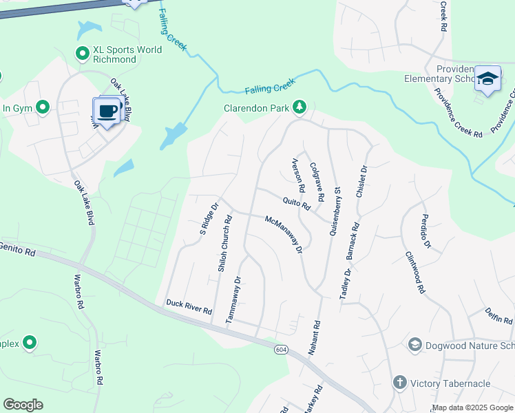 map of restaurants, bars, coffee shops, grocery stores, and more near 2719 Brookforest Road in Midlothian