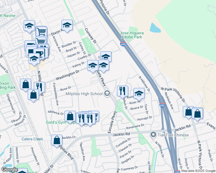 map of restaurants, bars, coffee shops, grocery stores, and more near 1360 Higuera Place in Milpitas