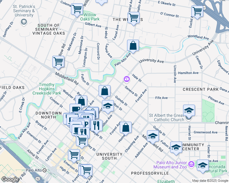 map of restaurants, bars, coffee shops, grocery stores, and more near 819 University Avenue in Palo Alto