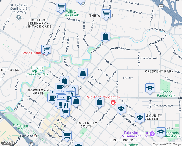 map of restaurants, bars, coffee shops, grocery stores, and more near 821 University Avenue in Palo Alto