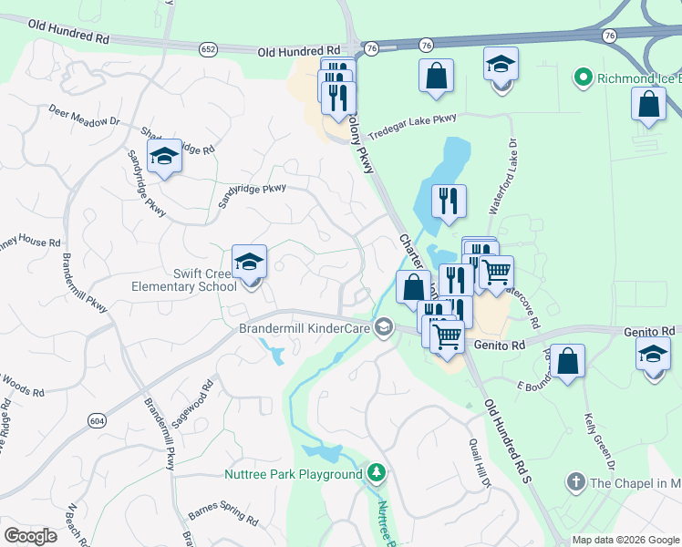 map of restaurants, bars, coffee shops, grocery stores, and more near 13709 Sutters Mill Circle in Midlothian