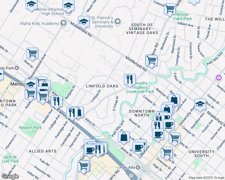 map of restaurants, bars, coffee shops, grocery stores, and more near 211 East Creek Drive in Menlo Park