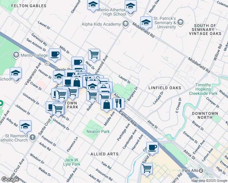 map of restaurants, bars, coffee shops, grocery stores, and more near 600 Alma Street in Menlo Park