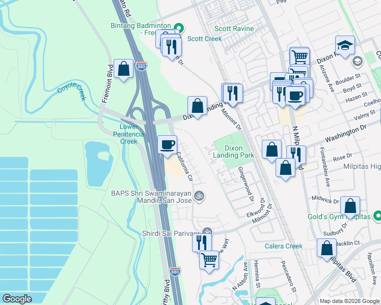map of restaurants, bars, coffee shops, grocery stores, and more near 1579 Hidden Creek Lane in Milpitas