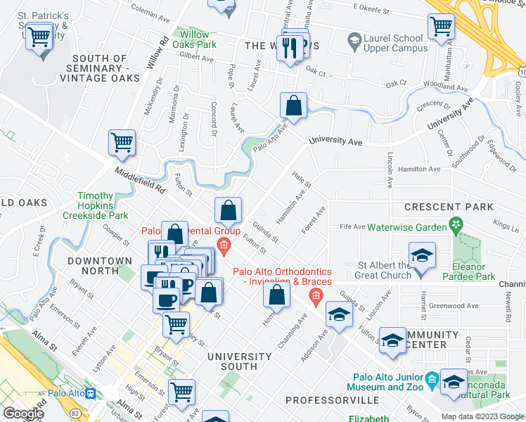 map of restaurants, bars, coffee shops, grocery stores, and more near 855 Hamilton Avenue in Palo Alto