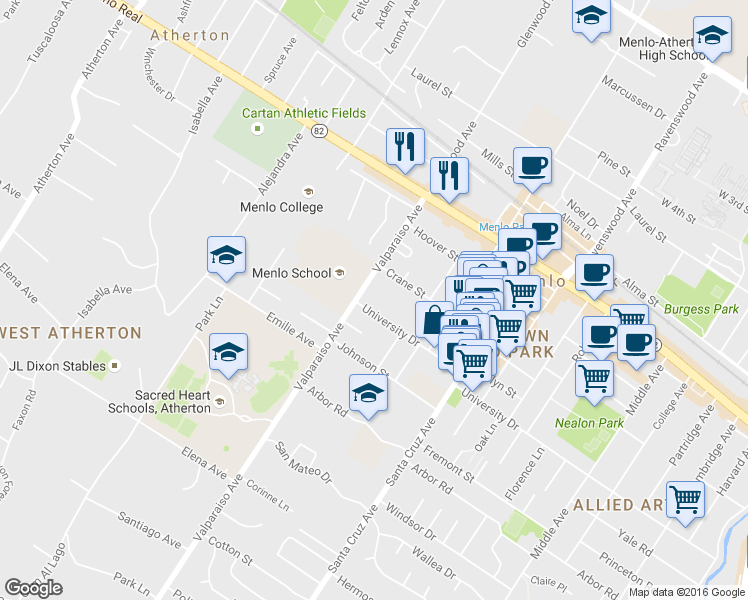 map of restaurants, bars, coffee shops, grocery stores, and more near 1330 University Drive in Menlo Park