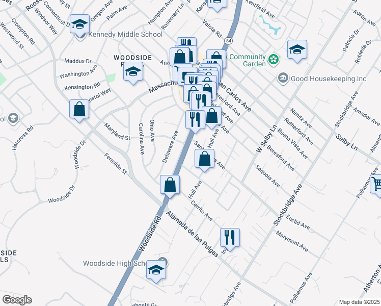 map of restaurants, bars, coffee shops, grocery stores, and more near 15 Jubilee Court in Redwood City