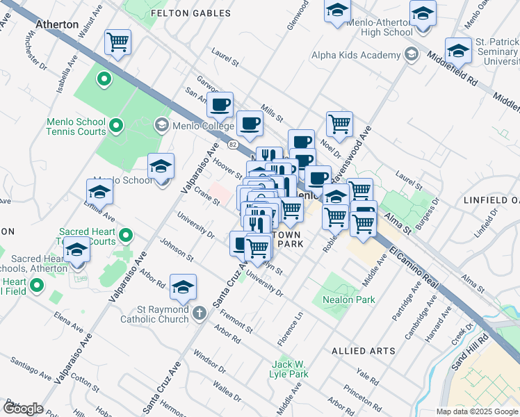 map of restaurants, bars, coffee shops, grocery stores, and more near 1149 Chestnut Street in Menlo Park