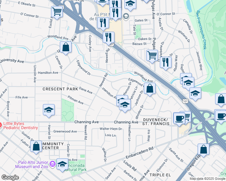 map of restaurants, bars, coffee shops, grocery stores, and more near 1537 Hamilton Avenue in Palo Alto