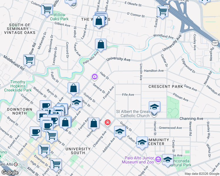 map of restaurants, bars, coffee shops, grocery stores, and more near 945 Forest Avenue in Palo Alto