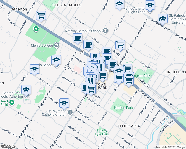 map of restaurants, bars, coffee shops, grocery stores, and more near 1149 Chestnut Street in Menlo Park