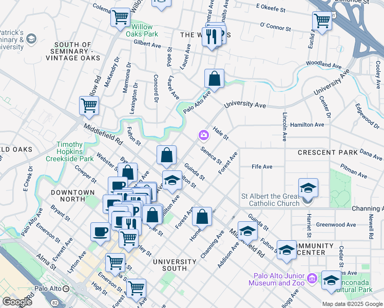 map of restaurants, bars, coffee shops, grocery stores, and more near 855 Hamilton Avenue in Palo Alto