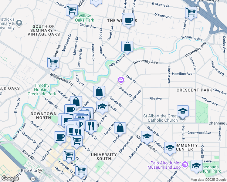 map of restaurants, bars, coffee shops, grocery stores, and more near 800 University Avenue in Palo Alto