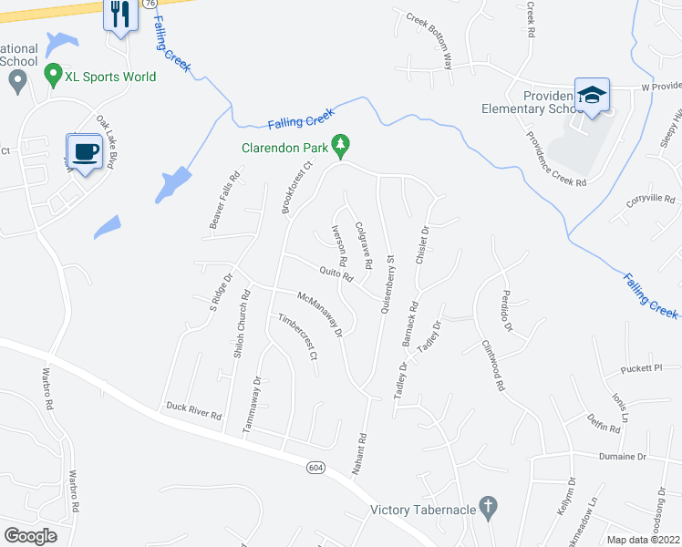 map of restaurants, bars, coffee shops, grocery stores, and more near 2798 Iverson Road in Midlothian