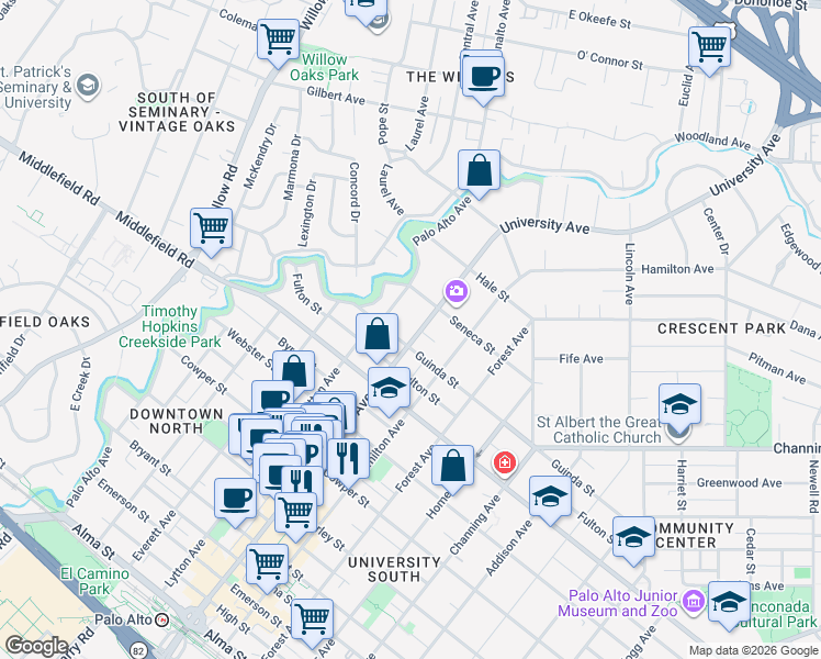 map of restaurants, bars, coffee shops, grocery stores, and more near 827 University Avenue in Palo Alto