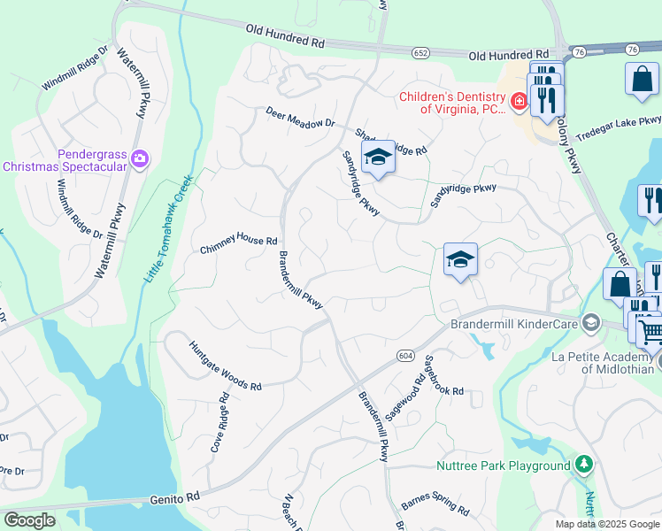 map of restaurants, bars, coffee shops, grocery stores, and more near 2607 Whispering Oaks Court in Midlothian