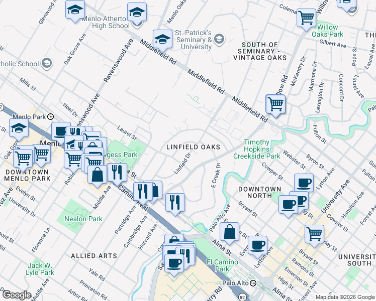 map of restaurants, bars, coffee shops, grocery stores, and more near 320 Linfield Drive in Menlo Park