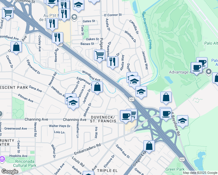 map of restaurants, bars, coffee shops, grocery stores, and more near 1883 Edgewood Drive in Palo Alto