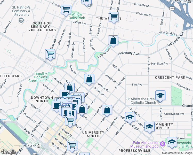 map of restaurants, bars, coffee shops, grocery stores, and more near 800 University Avenue in Palo Alto