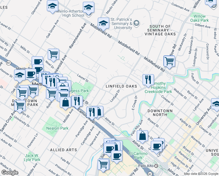 map of restaurants, bars, coffee shops, grocery stores, and more near in Menlo Park
